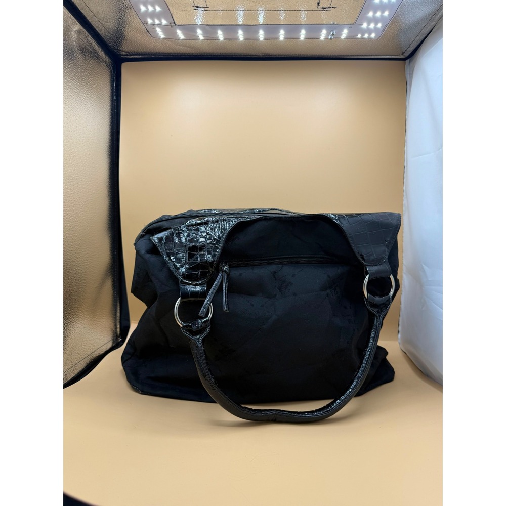 Beverly Hills Polo Club Black Jacquard Hobo Bag Croc Embossed Studded Trim - Picture 2 of 8